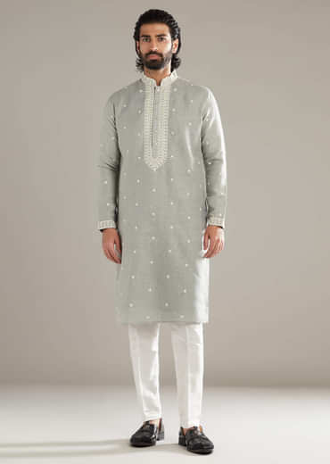 Light Grey Linen Kurta Set For Men With Resham Hand Work