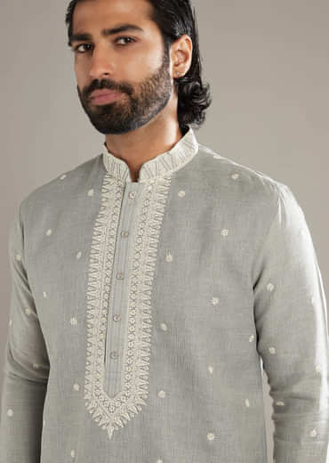 Light Grey Linen Kurta Set For Men With Resham Hand Work
