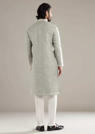 Light Grey Linen Kurta Set For Men With Resham Hand Work