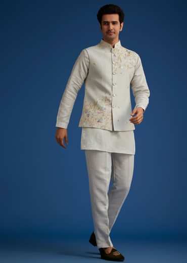 Light Grey Linen Kurta Set With Resham Work Jacket