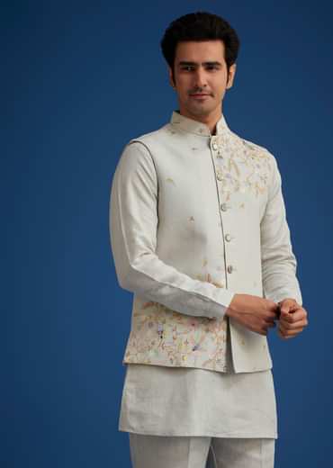 Light Grey Linen Kurta Set With Resham Work Jacket