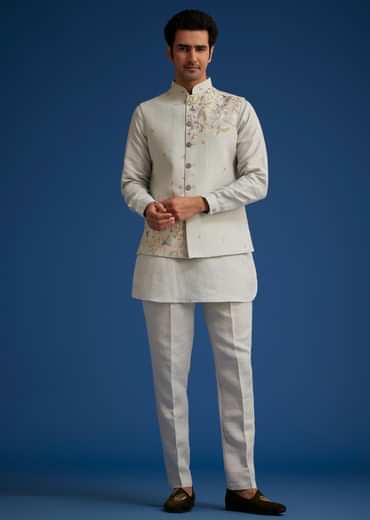 Light Grey Linen Kurta Set With Resham Work Jacket