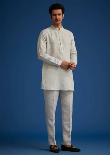 Light Grey Linen Kurta Set With Resham Work Jacket