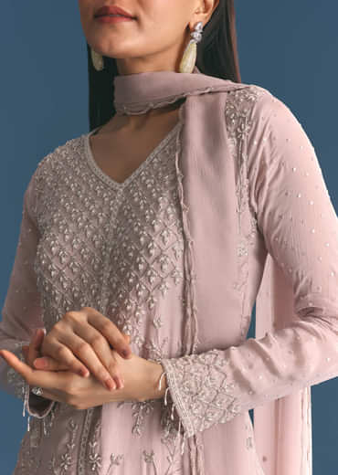 Light Lavender Chinon Kurta Palazzo Suit With Moti Cutdana Work