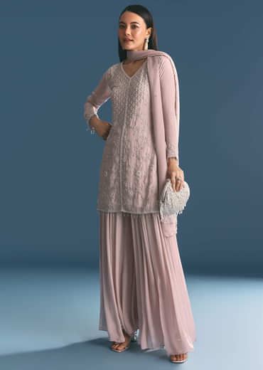 Light Lavender Chinon Kurta Palazzo Suit With Moti Cutdana Work