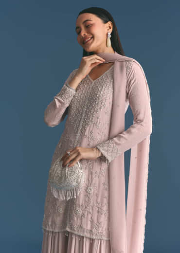 Light Lavender Chinon Kurta Palazzo Suit With Moti Cutdana Work