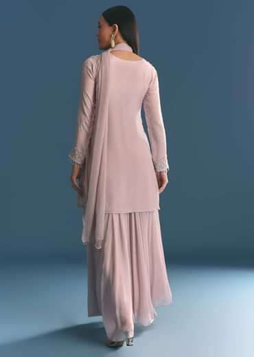 Light Lavender Chinon Kurta Palazzo Suit With Moti Cutdana Work