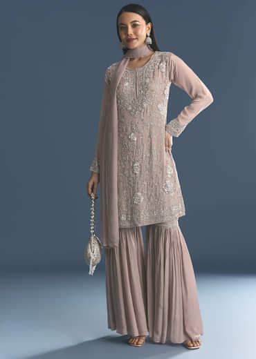 Light Lavender Chinon Kurta Sharara Suit With Moti Work