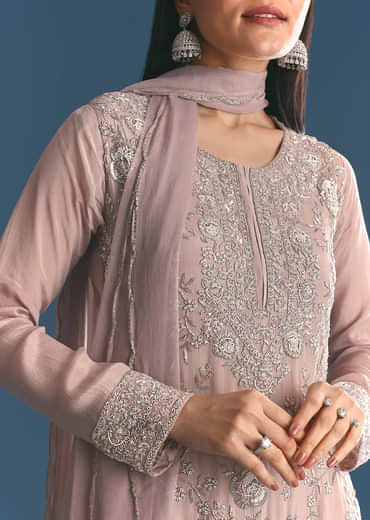 Light Lavender Chinon Kurta Sharara Suit With Moti Work