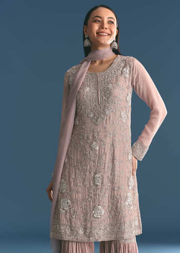 Light Lavender Chinon Kurta Sharara Suit With Moti Work