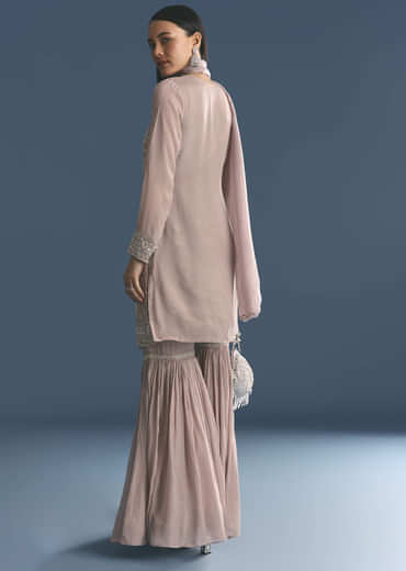 Light Lavender Chinon Kurta Sharara Suit With Moti Work