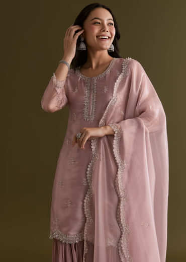 Light Lavender Tissue Kurta Sharara Set With Sequins And Cutdana Work