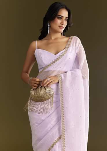 Light Lavender Tissue Saree With Cutdana Beads Embroidery And Scallop Border