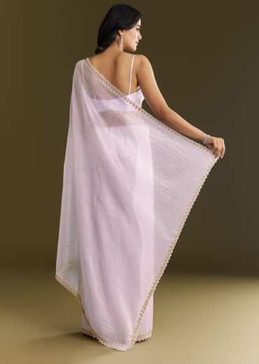 Light Lavender Tissue Saree With Cutdana Beads Embroidery And Scallop Border