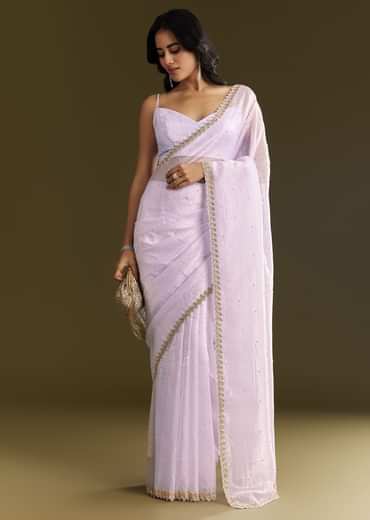 Light Lavender Tissue Saree With Cutdana Beads Embroidery And Scallop Border
