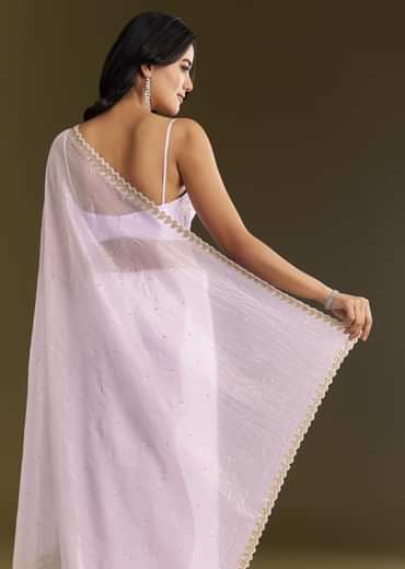 Light Lavender Tissue Saree With Cutdana Beads Embroidery And Scallop Border