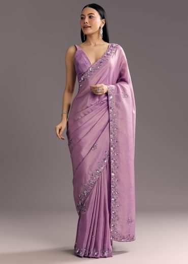 Light Lavender Tissue Saree With Floral Embroidered Scallop Border