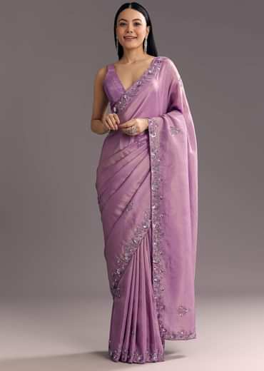 Light Lavender Tissue Saree With Floral Embroidered Scallop Border