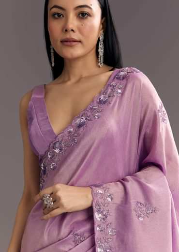 Light Lavender Tissue Saree With Floral Embroidered Scallop Border