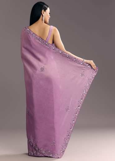 Light Lavender Tissue Saree With Floral Embroidered Scallop Border