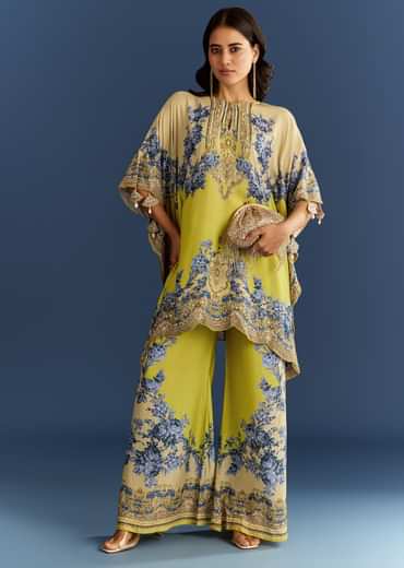 Light Lime Green Cotton Muslin Kaftaan With Floral Print Palazzo