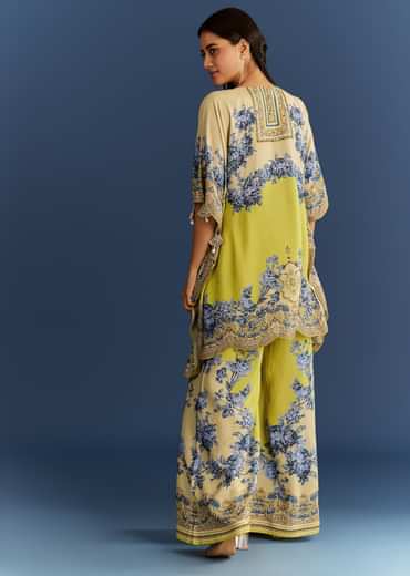 Light Lime Green Cotton Muslin Kaftaan With Floral Print Palazzo