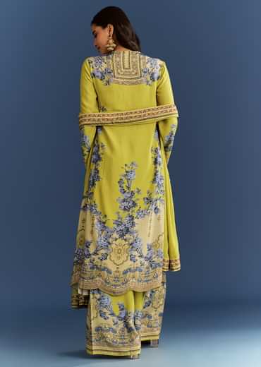 Light Lime Green Cotton Muslin Kurta Palazzo Suit With Chinon Dupatta