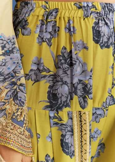 Light Lime Green Cotton Muslin Kurta With Floral Print Dhoti