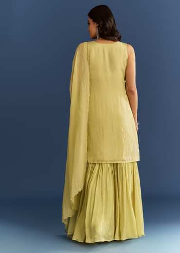 Light Lime Green Organza Kurta Set With Embroidered Scallop Hem Dupatta