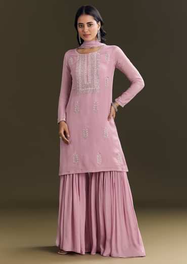 Light Onion Pink Chinon Kurta Sharara With Embellished Dupatta