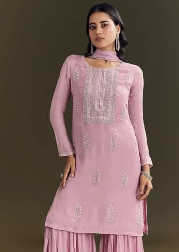 Light Onion Pink Chinon Kurta Sharara With Embellished Dupatta