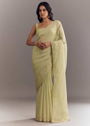Light Pastel Green Crushed Tissue Saree With Cutdana Sequins And Beads Embroidery