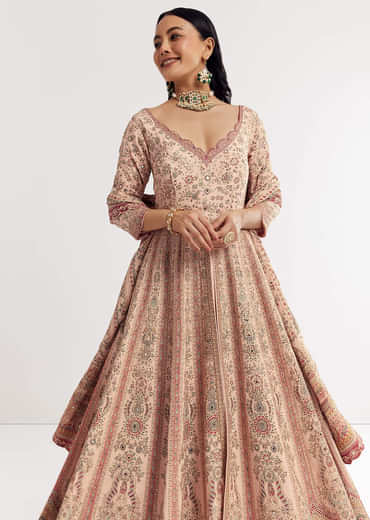 Light Peach Printed Crepe Anarkali Suit With Embroidery
