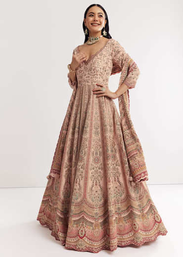 Light Peach Printed Crepe Anarkali Suit With Embroidery