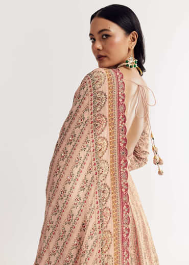 Light Peach Printed Crepe Anarkali Suit With Embroidery
