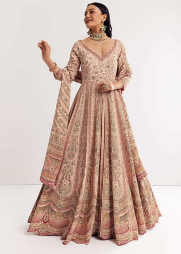 Light Peach Printed Crepe Anarkali Suit With Embroidery