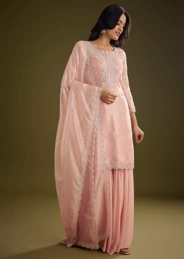Light Peach Tissue Cut Dana Beads Kurta Set With Embroidered Dupatta
