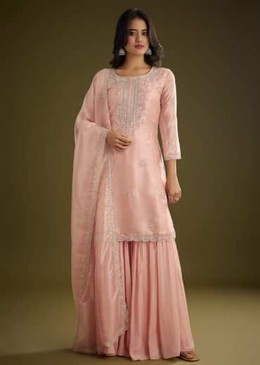 Light Peach Tissue Cut Dana Beads Kurta Set With Embroidered Dupatta