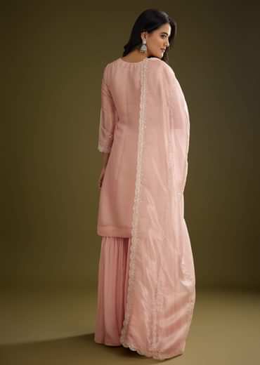 Light Peach Tissue Cut Dana Beads Kurta Set With Embroidered Dupatta