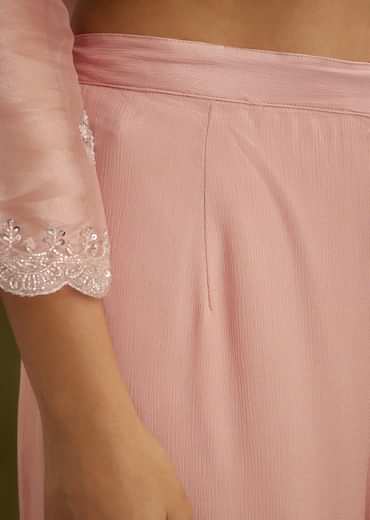 Light Peach Tissue Cut Dana Beads Kurta Set With Embroidered Dupatta