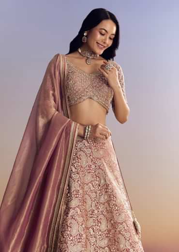 Light Pink Banarasi Silk Lehenga Set With Embroidered Choli