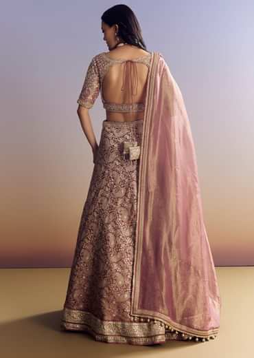 Light Pink Banarasi Silk Lehenga Set With Embroidered Choli