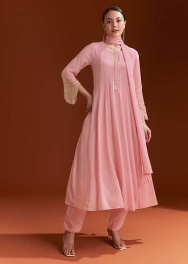 Light Pink Chinon Anarkali Suit With Cut Dana And Beads Work