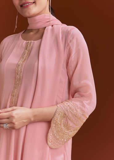 Light Pink Chinon Anarkali Suit With Cut Dana And Beads Work