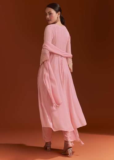 Light Pink Chinon Anarkali Suit With Cut Dana And Beads Work