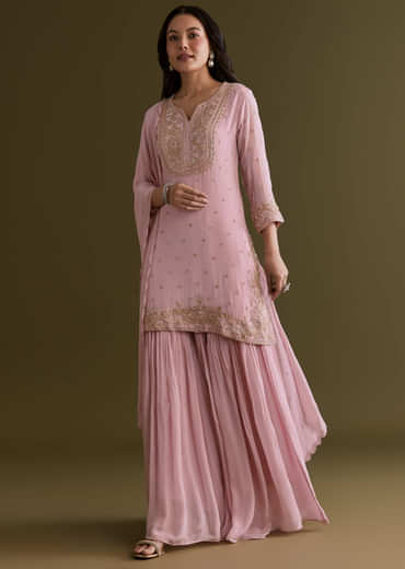 Light Pink Chinon Sharara Suit With Zardosi Embroidered Dupatta