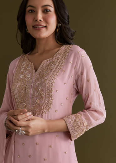 Light Pink Chinon Sharara Suit With Zardosi Embroidered Dupatta