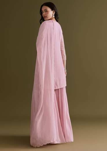 Light Pink Chinon Sharara Suit With Zardosi Embroidered Dupatta