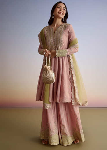 Light Pink Crush Tissue Sharara Suit With Zari Sequins