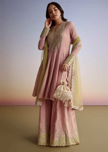 Light Pink Crush Tissue Sharara Suit With Zari Sequins